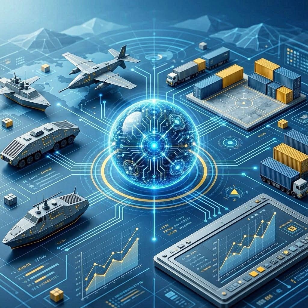 AI Generated: abstract representation of using AI to improve combat systems and logistics. Use blue, gray, and yellow hues