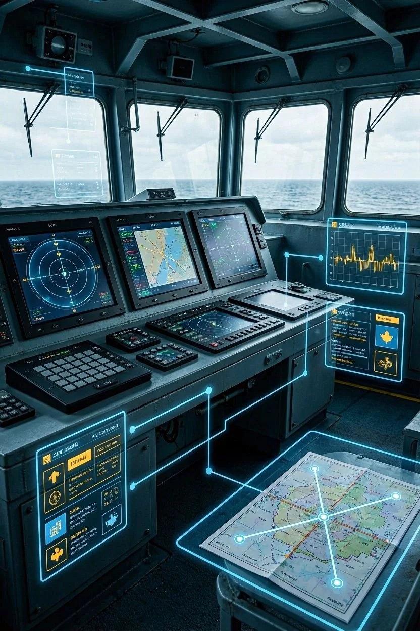 AI Generated digital AI overlay on naval systems. Use dark blue, light blue, gray, and yellow hues