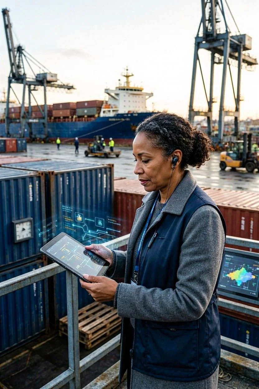 AI generated: Real life representation of African American using Artificial Intelligence solutions to transform maritime logistics operations. Use dark blue, light blue, dark gray, and yellow hues