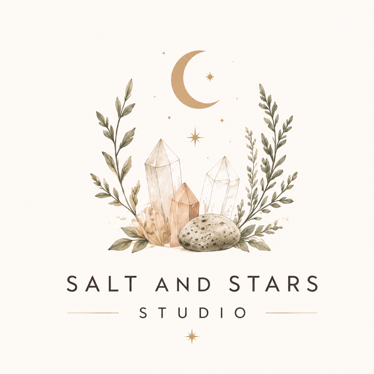 Logo for Salt and Stars Studio featuring a crescent moon, stars, crystal formations, a stone, surrounded by illustrated greenery.