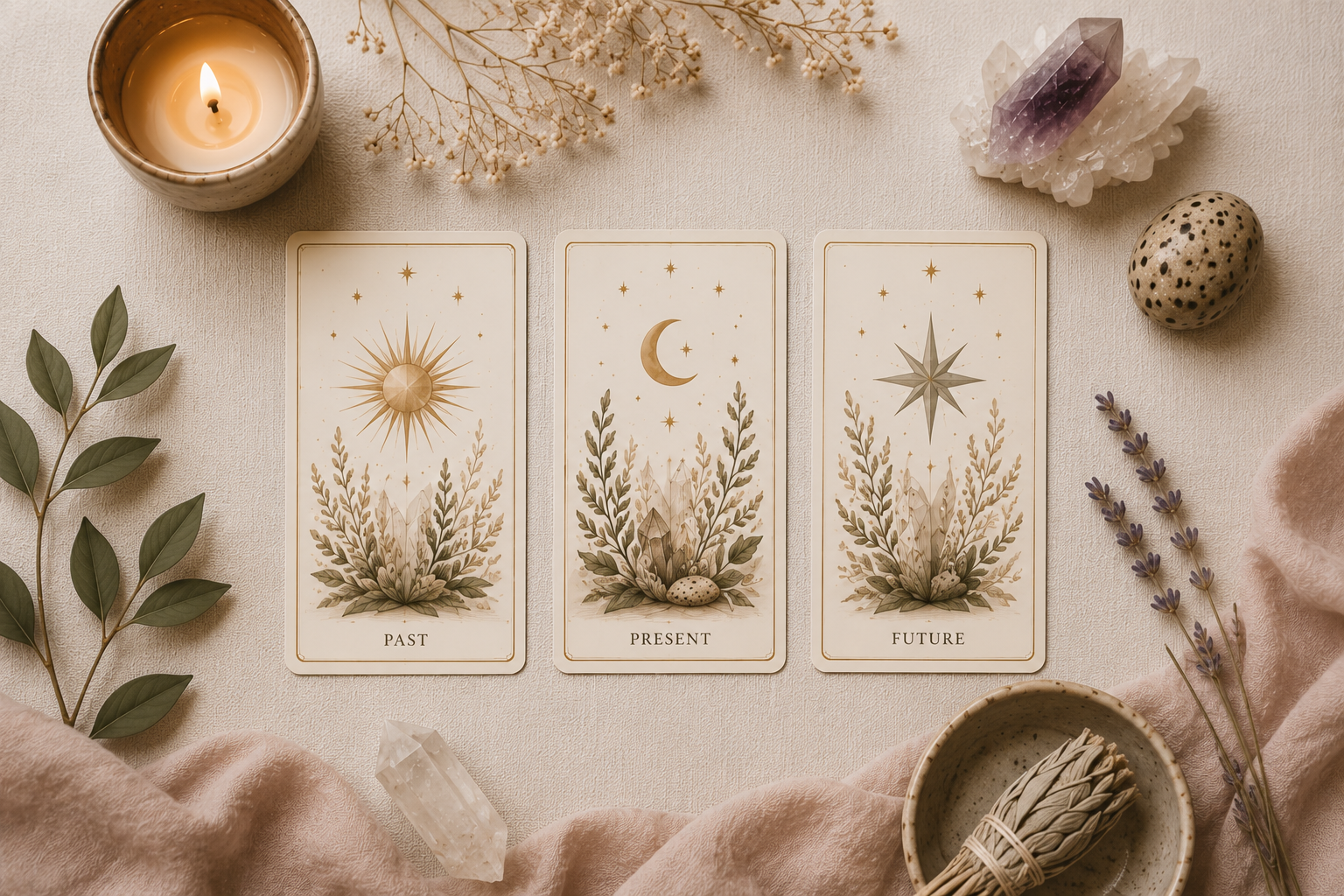 A set of three tarot cards labeled past, present, and future, with celestial and botanical illustrations, arranged on a beige textured surface surrounded by a lit candle, dried flowers, a quartz crystal, a speckled stone, and a bowl with a sage bundle, suggesting a spiritual or meditative setting.