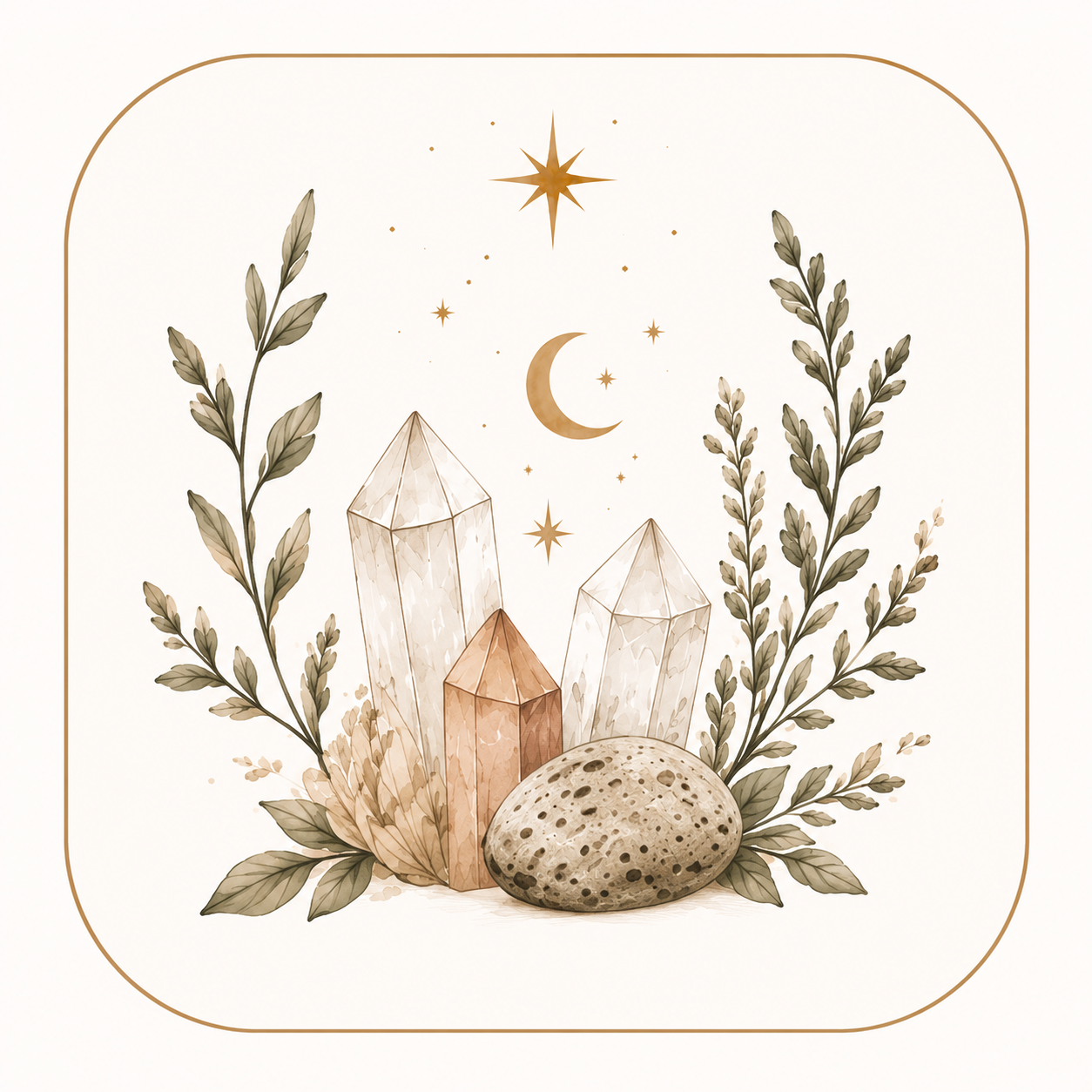Decorative illustration featuring three crystals, leaves, a porous stone, the moon, and stars in a celestial design.