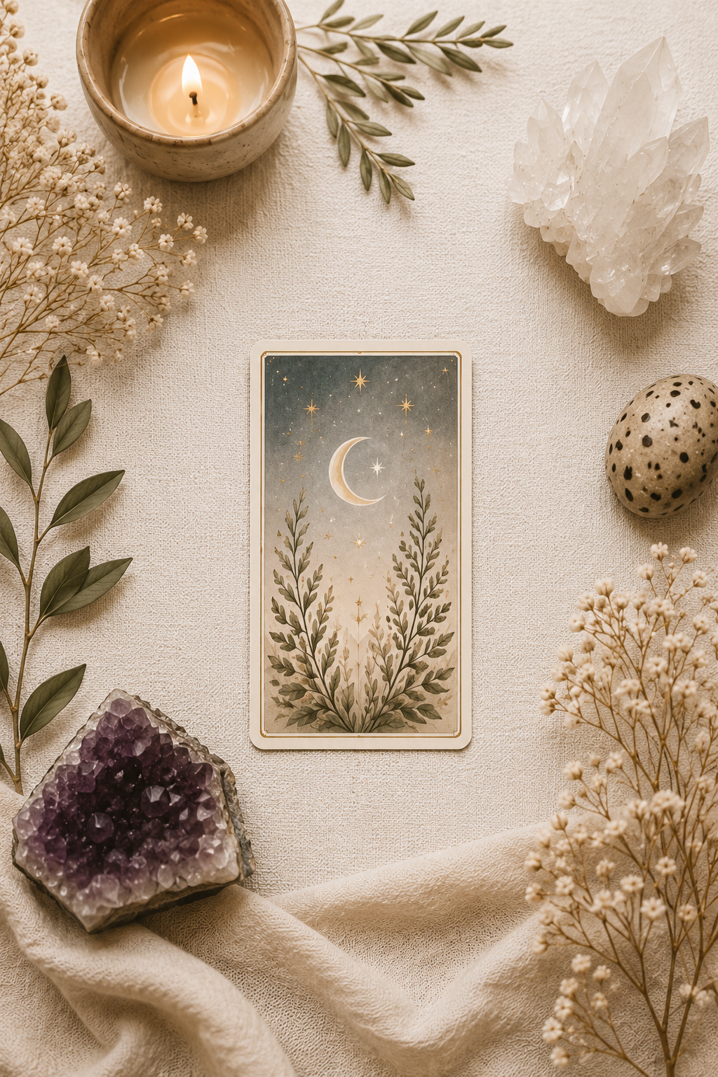 A tarot card depicting a crescent moon, stars, and leafy plants, surrounded by candles, crystals, and dried flowers on a cream-colored fabric background.