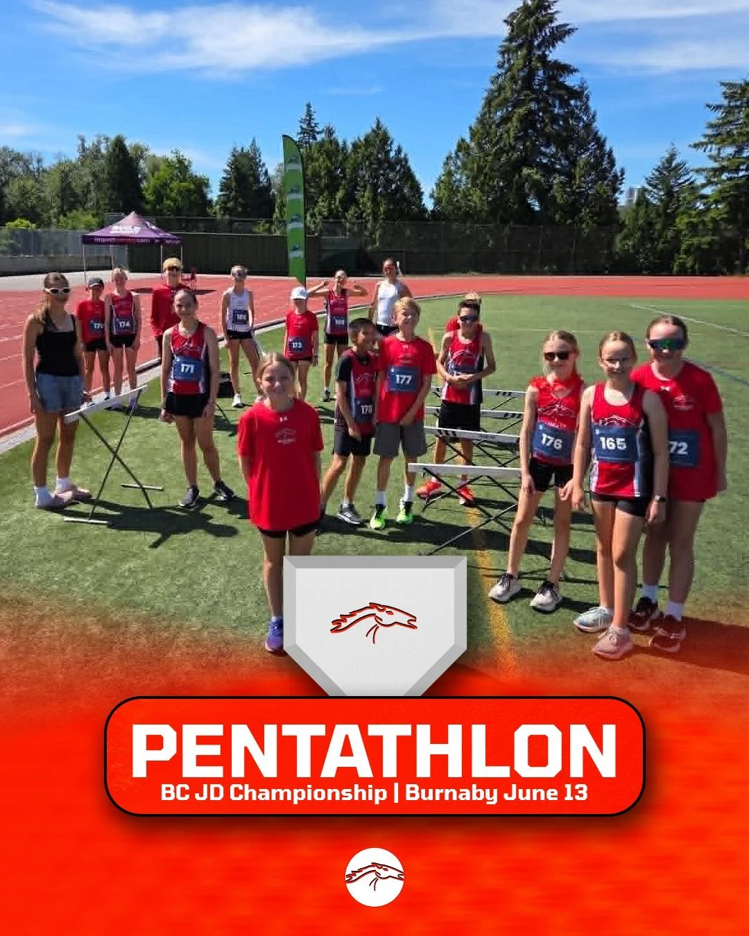 Mustangs JD (Elementary) athletes competed in the BC Pentathlon Championship. Athletes are scored in 5 events: Long Jump, high Jump, hurdles, shot put &amp; 800m.