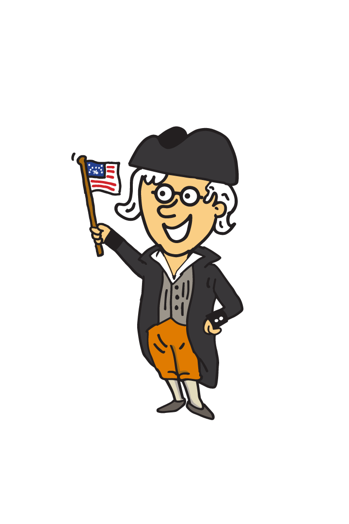 Cartoon character dressed as a historical patriot, wearing a black tricorn hat and a colonial-style coat, holding a small American flag, smiling happily.