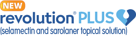 Revolution Plus logo with text indicating it is a topical solution for flea and tick prevention.
