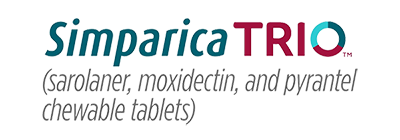 Simparica Trio logo with text indicating it's a chewable tablet for sarolaner, moxidectin, and pyrantel.