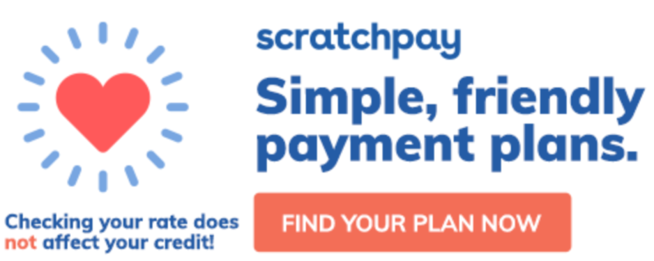 Advertisement for Scratchpay with a red heart icon and text promoting simple, friendly payment plans. It includes a note that checking your rate does not affect your credit and features a prominent orange button labeled 'Find Your Plan Now.'
