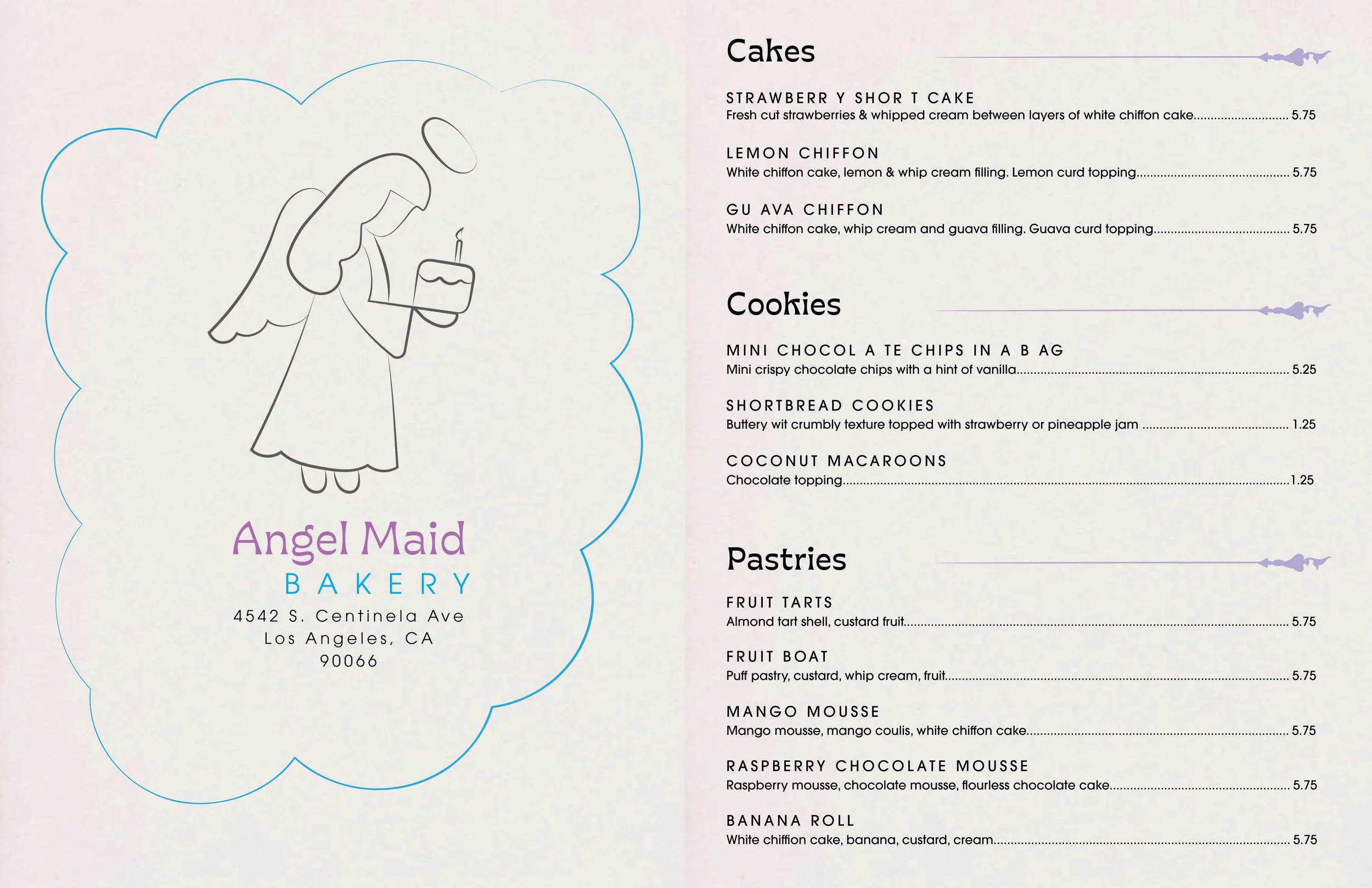Menu from Angel Maid Bakery featuring section titles and descriptions of cakes, cookies, pastries, and desserts, with a line drawing of an angel holding a birthday cake on the left side.