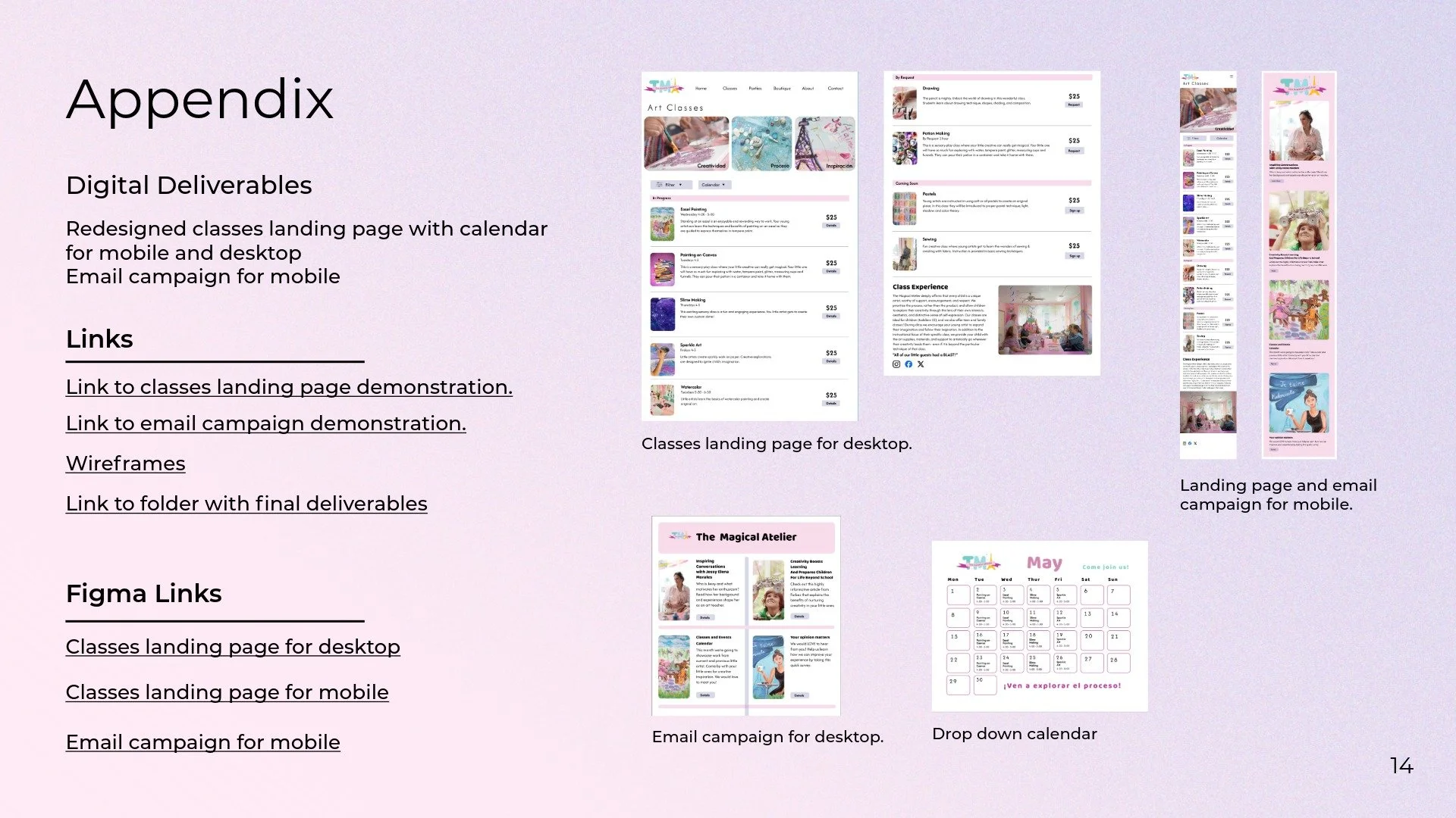 A presentation slide titled 'Appendix' displays information about digital deliverables, including redesigned class landing pages with calendar for mobile and desktop, email campaigns for mobile, and links to resources such as wireframes and folders with final deliverables. The slide contains screenshots of various webpage designs, a drop-down calendar, and descriptions of project components.