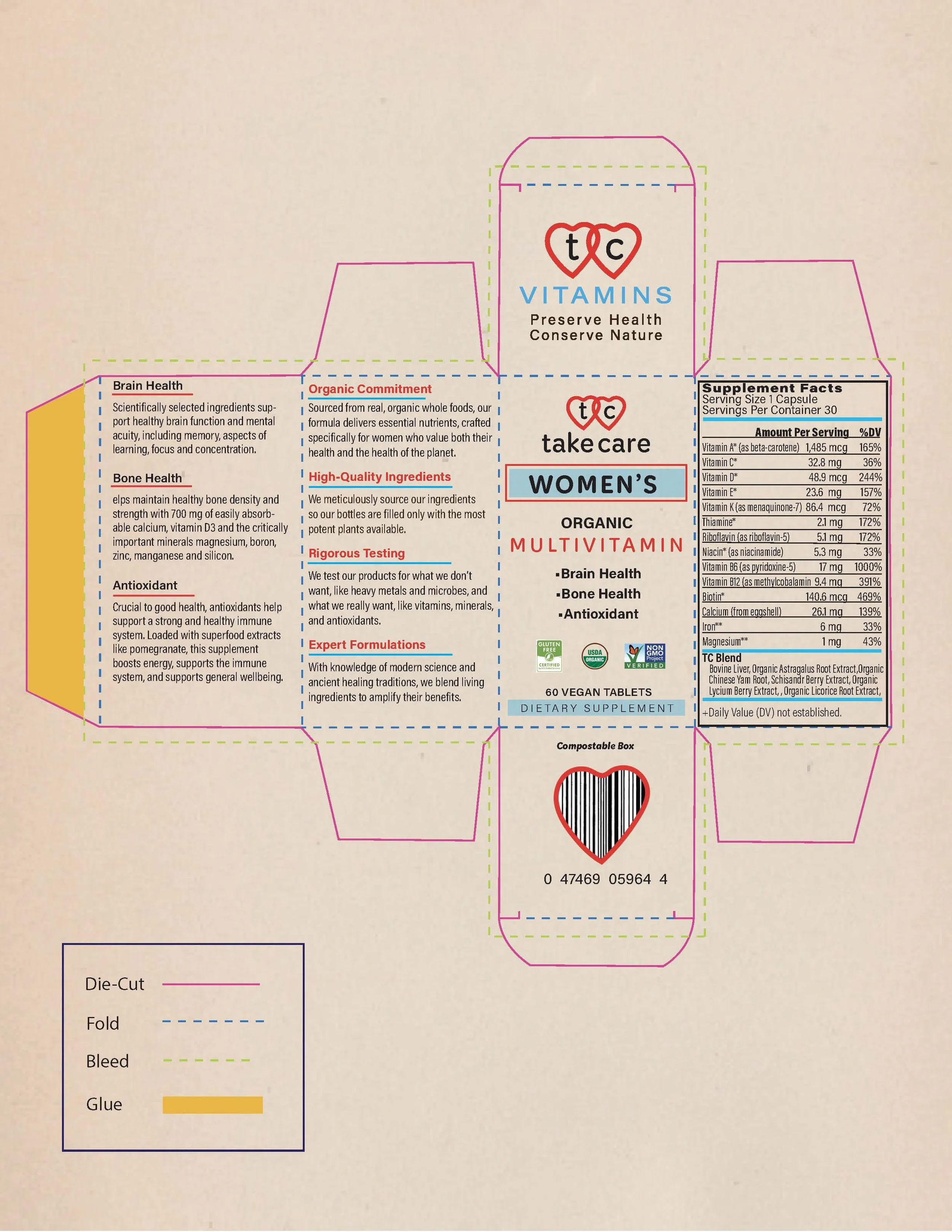 A die-cut packaging template for a dietary supplement box. The design includes sections for product information, ingredients, and supplement facts. It features decorative hearts, a barcode, and branding elements with colorful dotted lines indicating where to fold, cut, and assemble.