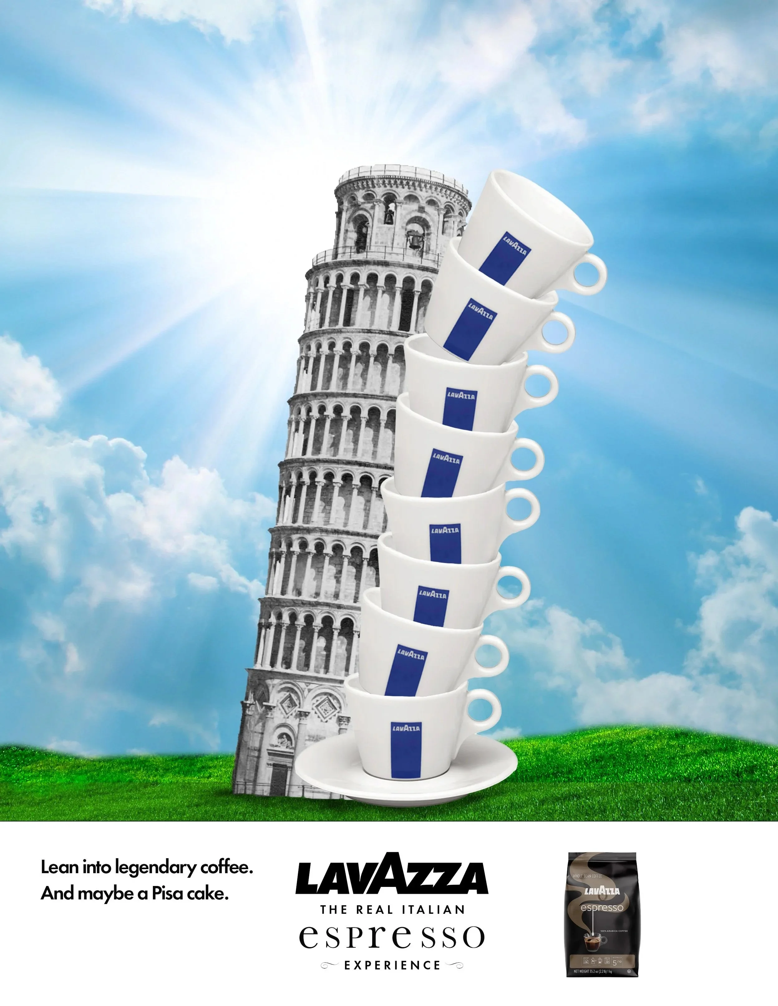 A stack of five white Lavazza coffee cups leaning against the Leaning Tower of Pisa with a blue sky and clouds in the background.