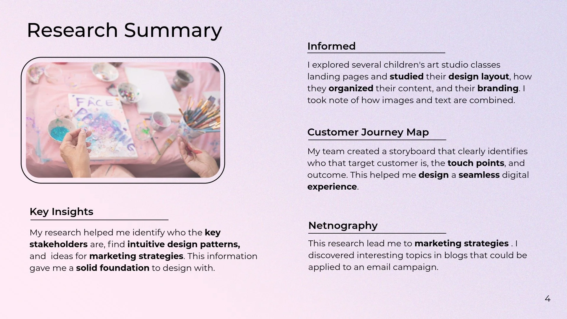 Slide titled 'Research Summary' with a photo of hands painting at a children’s art studio and text describing research insights and methodologies.