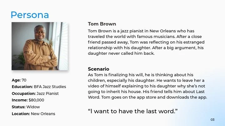 Profile of Tom Brown, a 70-year-old widowed jazz pianist from New Orleans with gray hair, smiling, wearing a tan shirt, standing beside a window.