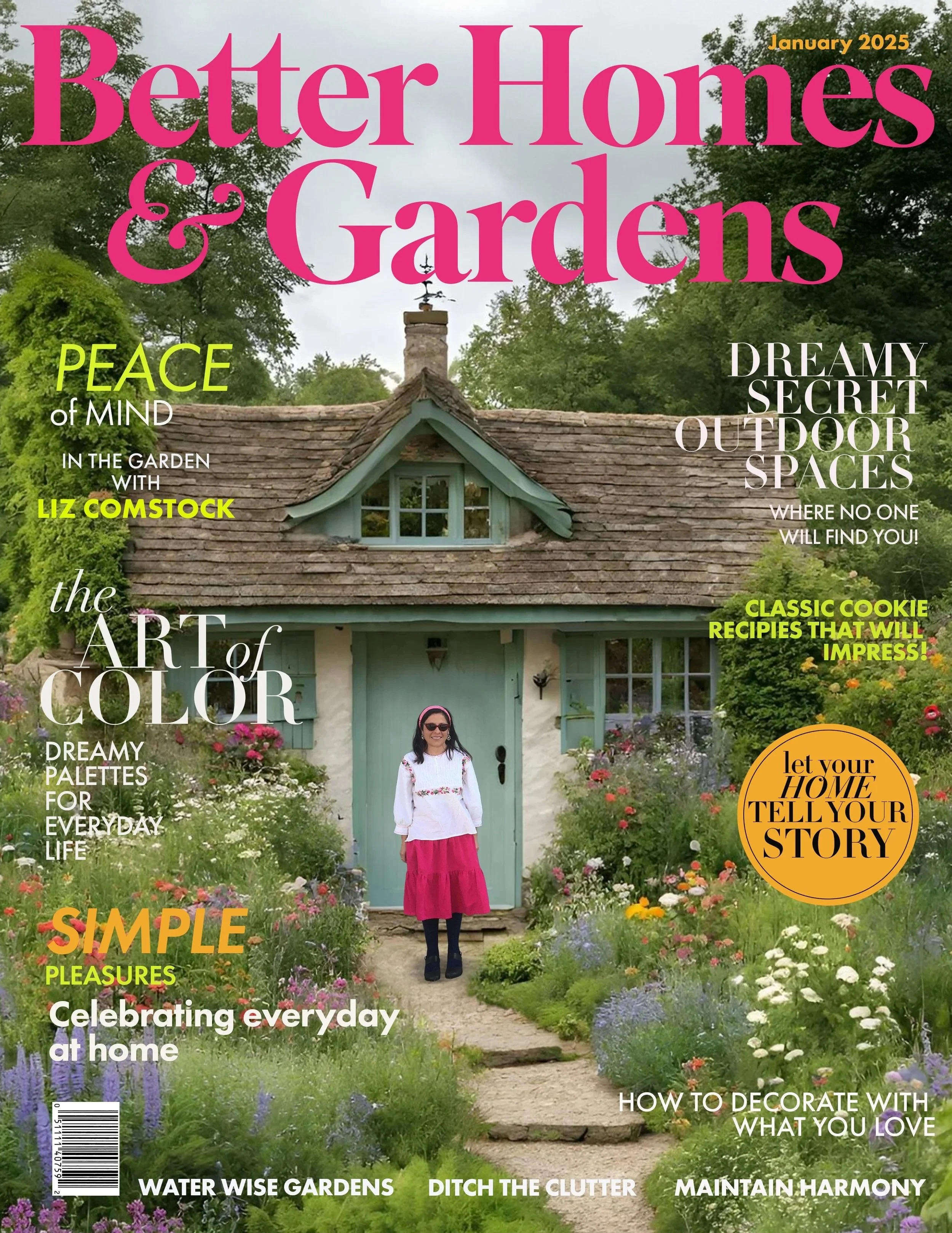Cover of Better Homes & Gardens magazine, January 2025, featuring a woman standing in front of a charming house surrounded by a lush garden with colorful flowers.