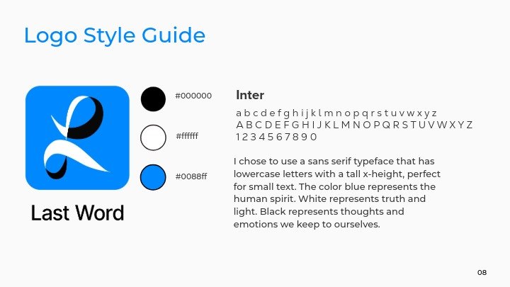 Title 'Logo Style Guide' with a blue logo featuring a stylized white and black letter 'L' or 'P'. Text explains color codes, font choice, and color symbolism, including a color palette of black, white, and blue, with the phrase 'Last Word' at the bottom.