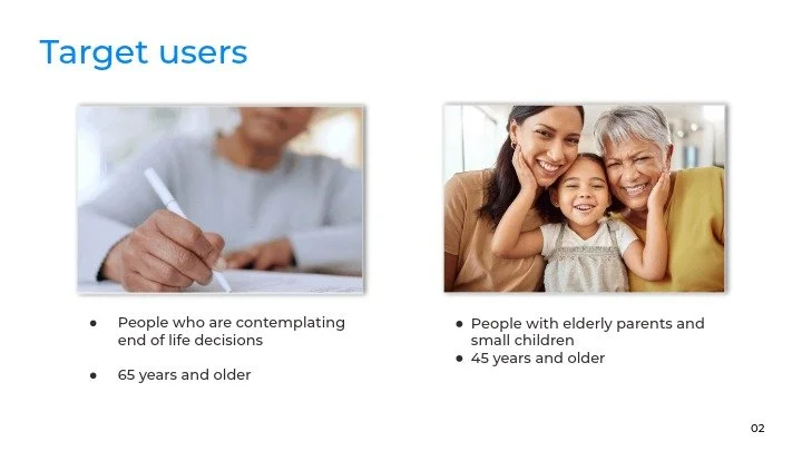 Slide titled 'Target users' showing two photos. The first photo depicts a person writing with a pen, representing people contemplating end-of-life decisions, aged 65 and older. The second photo shows a smiling young woman, elderly woman, and small child, representing people with elderly parents and small children, aged 45 and older.