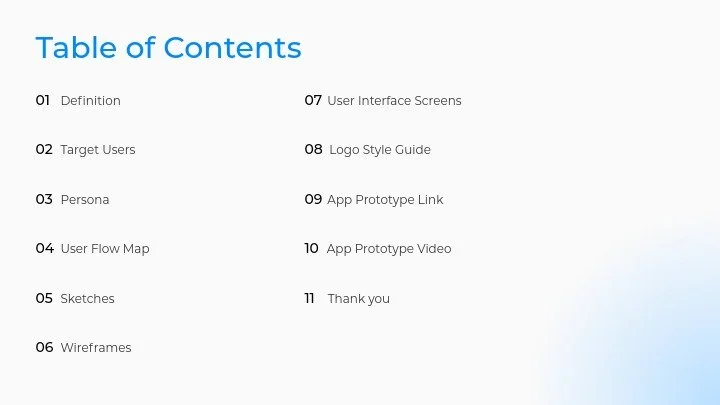 Table of contents slide with sections: Definition, Target Users, Persona, User Flow Map, Sketches, Wireframes, User Interface Screens, Logo Style Guide, App Prototype Link, App Prototype Video, and Thank you.