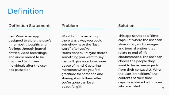 A document discussing the concept of a 'last word' app as a 'time capsule' for storing personal memories and feelings.