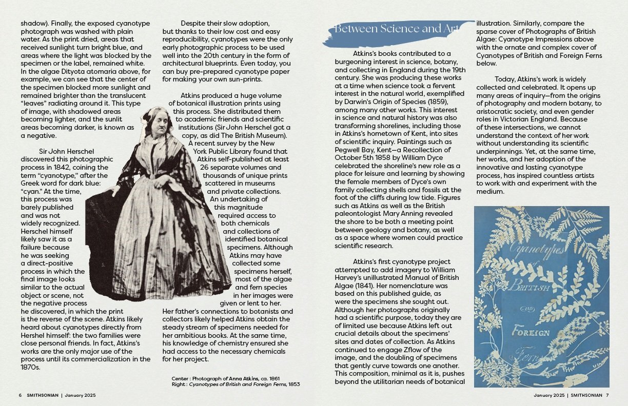Two pages of a magazine article discussing the history of cyanotype photography, featuring a black-and-white portrait of Anna Atkins and a blue cyanotype print of fern leaves.