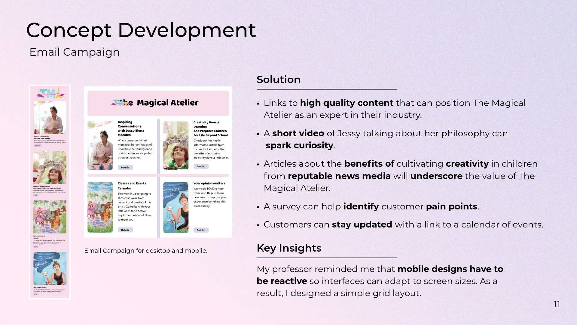 Slide presentation on concept development, email campaign. Left side shows colorful slides with images of a woman and children, right side contains text with bullet points about content quality, videos, articles, surveys, and updates.