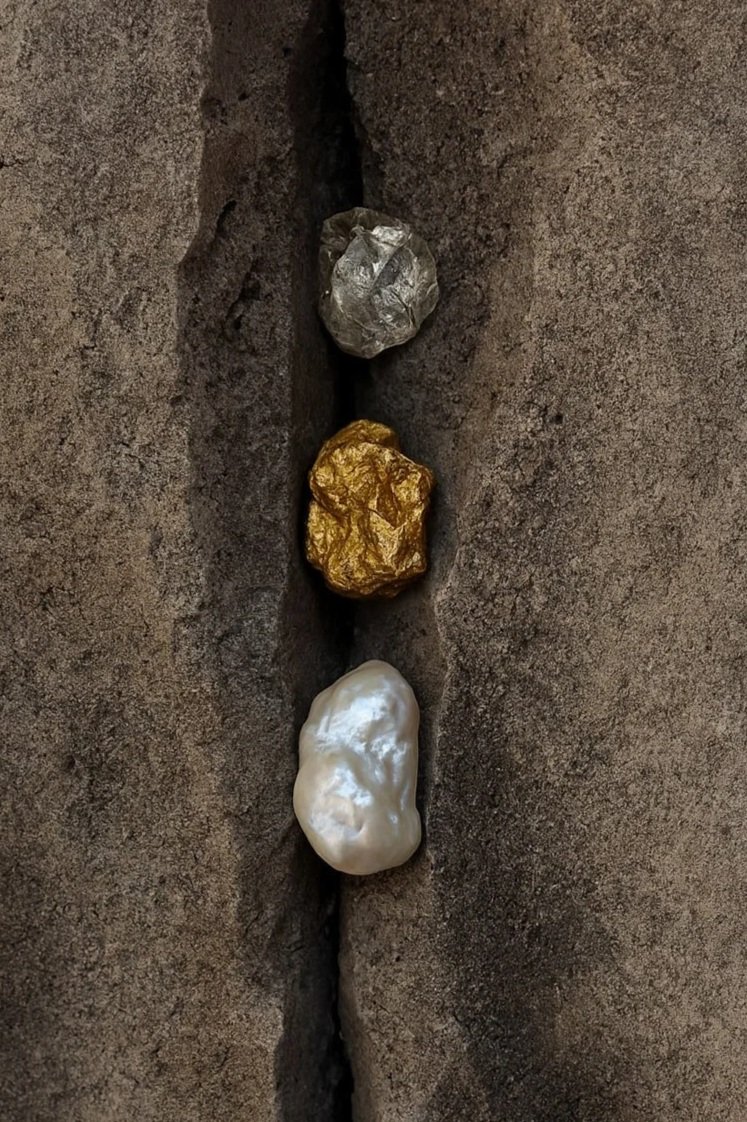 Three irregularly shaped objects, silver, gold, and white, embedded in a crack in rough brown stone surface