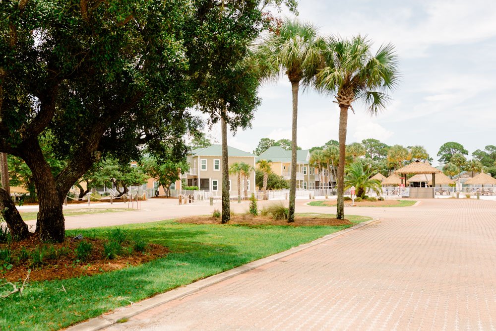 A peaceful residential neighborhood with paved walkways, lush green grass, and palm trees, including a large tree with sprawling branches and several homes and gazebos in the background.