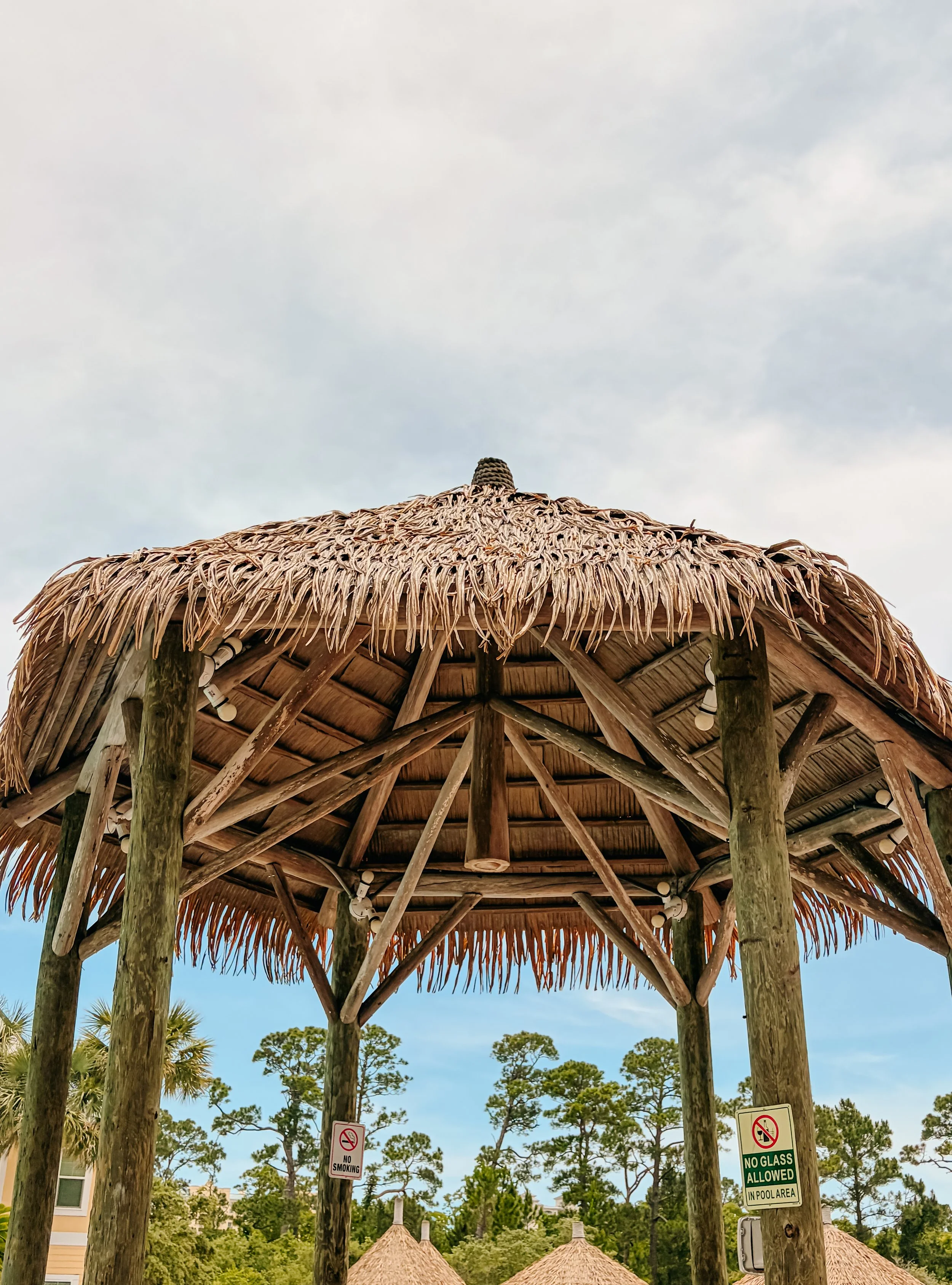 Thatched tiki hut roof with support beams, trees in the background, and signs reading 'No Smoking' and 'No Glass Allowed in Pool Area'.