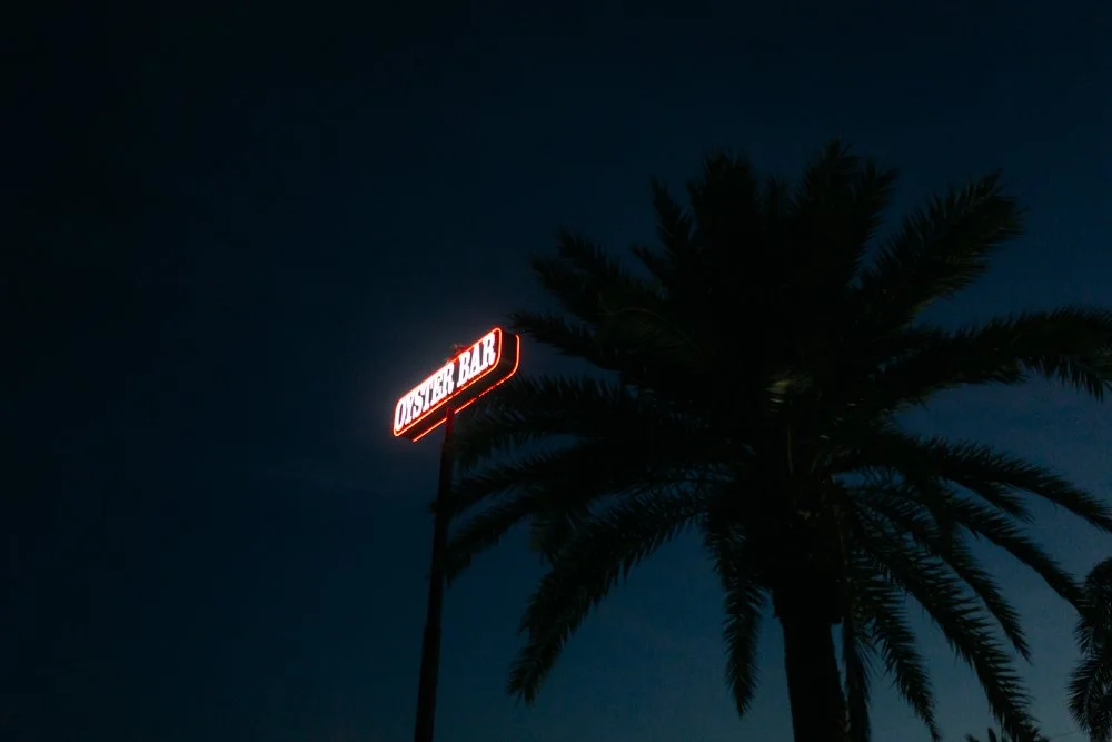 Nighttime scene with a lit sign reading 'Oyster Bar' and a silhouette of a palm tree against the dark sky.
