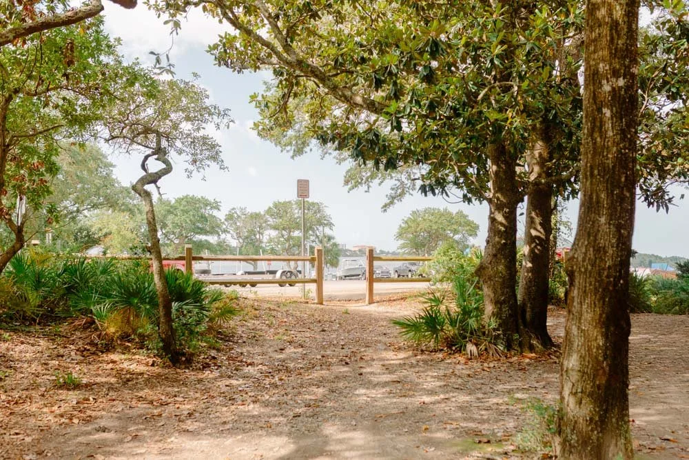 A scenic view of a park pathway shaded by trees, overlooking a parking lot with several cars and a fence in the background.