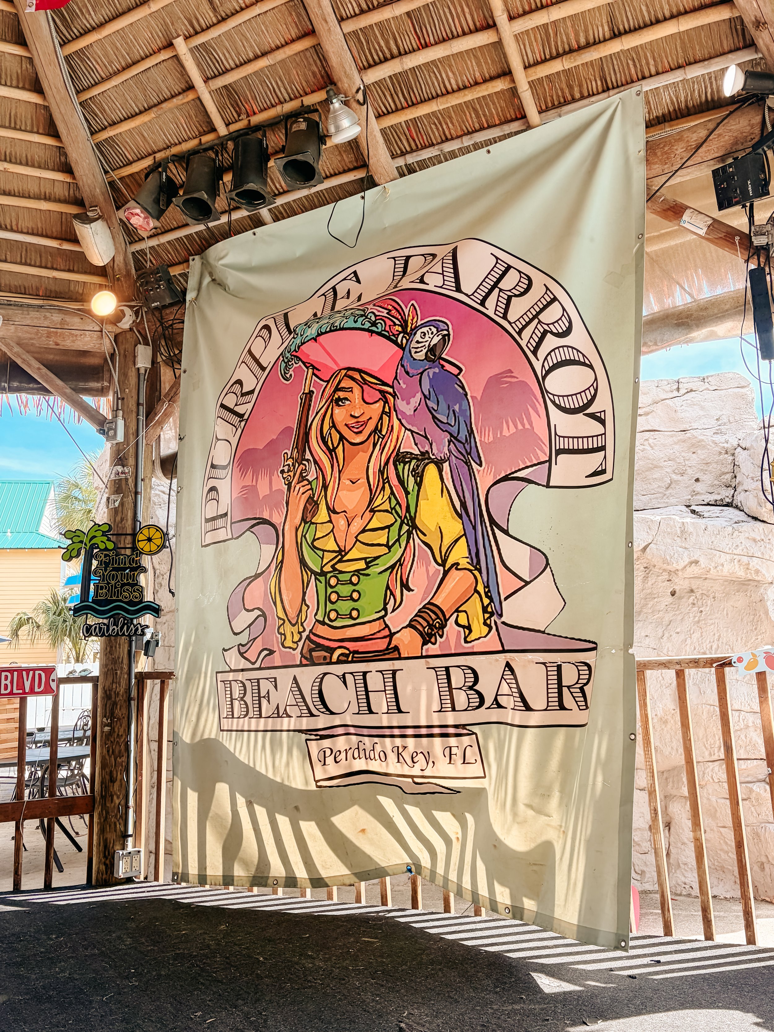 Sign for the Perdido Key Beach Bar featuring a cartoon woman with long blonde hair, in green clothing, holding a drink, and a blue and purple parrot on her shoulder, set against a pink and purple sunset background.
