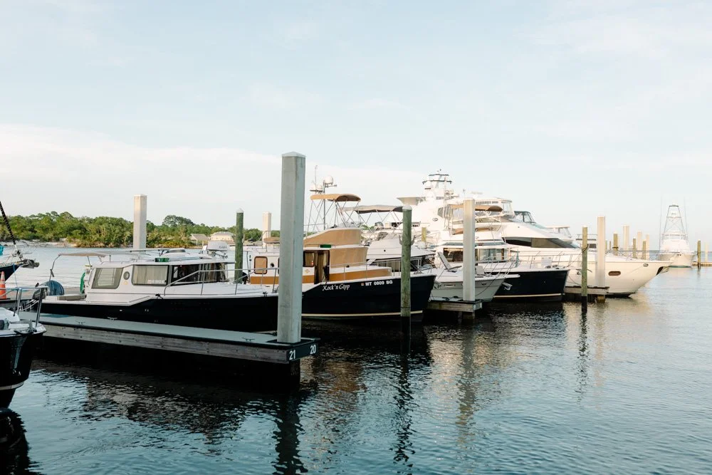 Multiple large boats docked at a marina with wooden pilings in the water and a distant shoreline with trees.