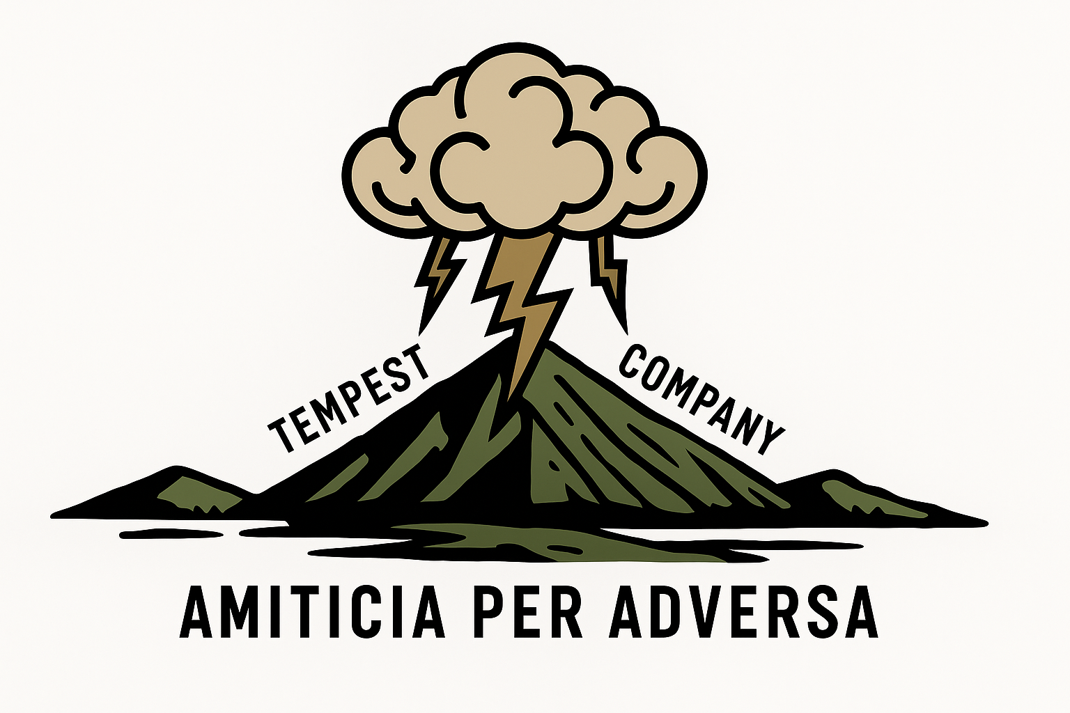 A mountain with a cloud and lightning bolts, with the words 'Tempest Company' on either side and 'Amiticia Per Adversa' below.