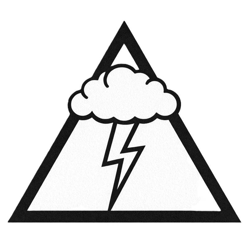 A warning sign with a mountain shape, a cloud with lightning in the middle, indicating a storm or severe weather hazard.