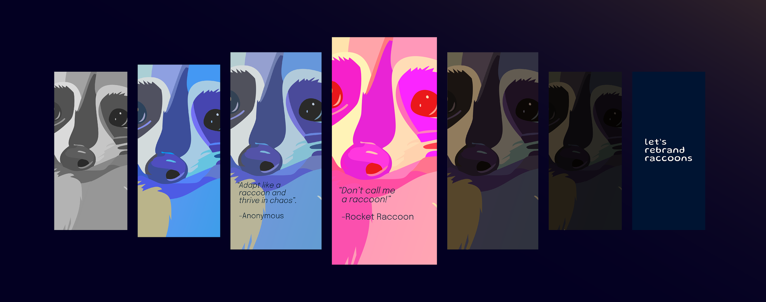 Image of several images of a loading screen animation for storytelling app with images of illustrated raccoons and quotes
