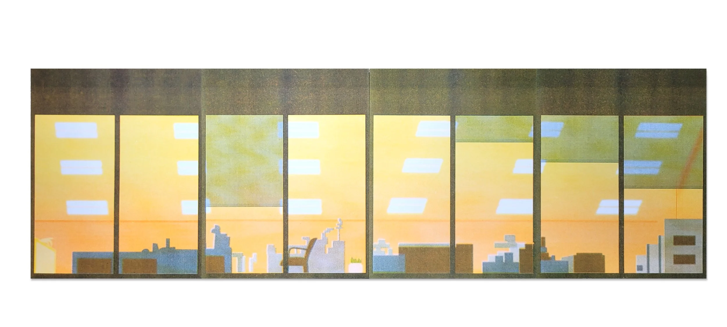 risograph quadriptych of outside view of office building windows, printed in lemon, orange and federal blue