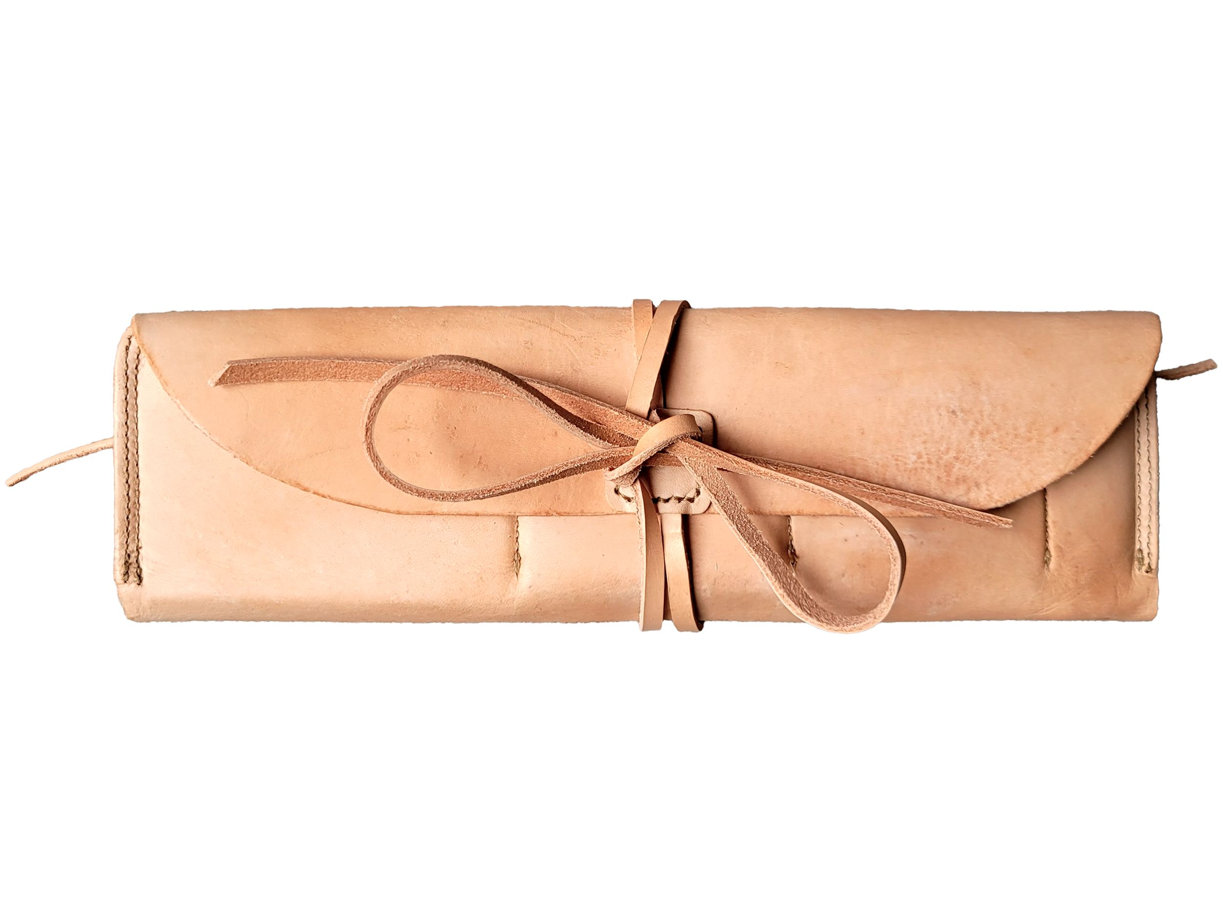 Ceremonial pipe organizer in natural leather wrapped up with tied with leather lace