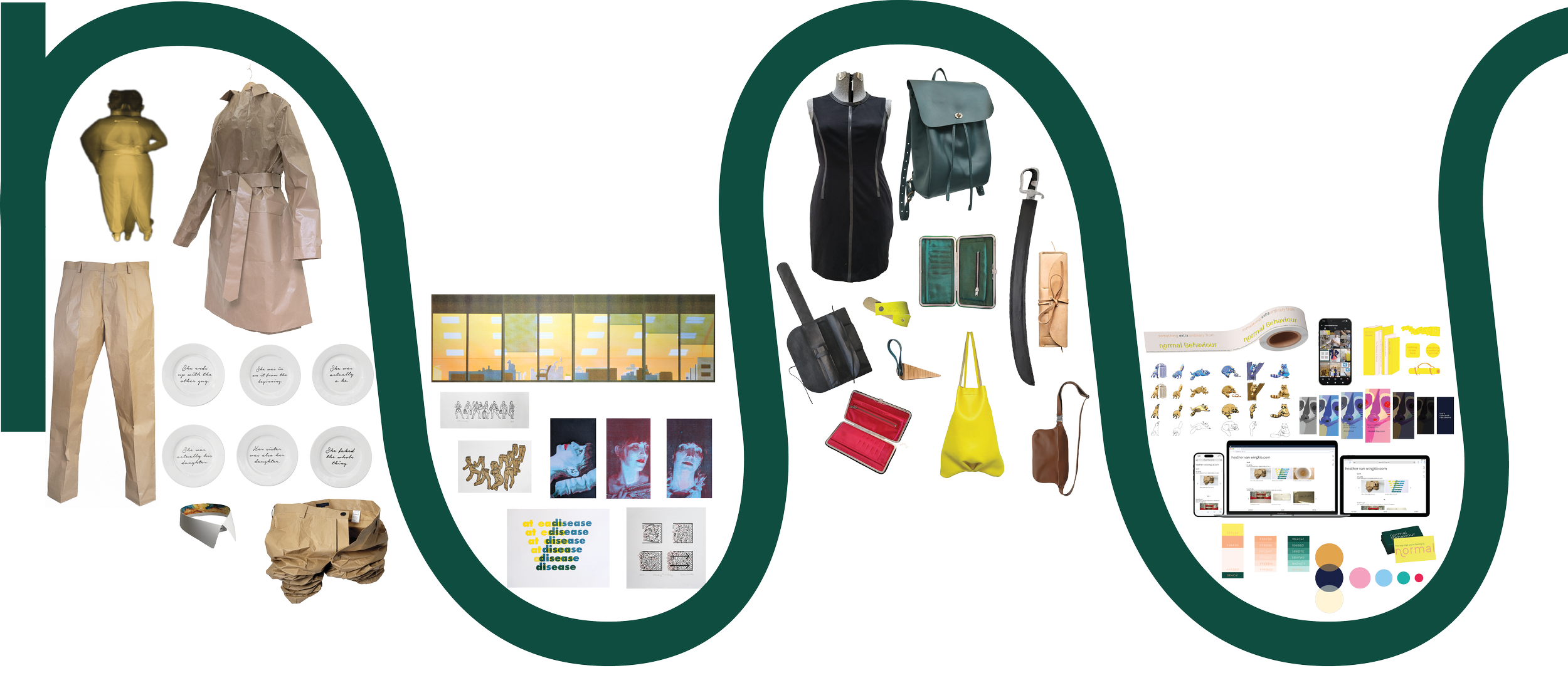 Collage of various objects including clothing, artwork, technology, and office supplies.