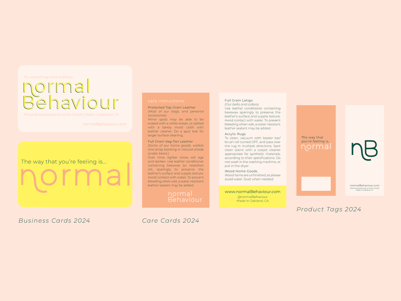 business cards, care cards and price tags for normal Behaviour in peach and yellow palette