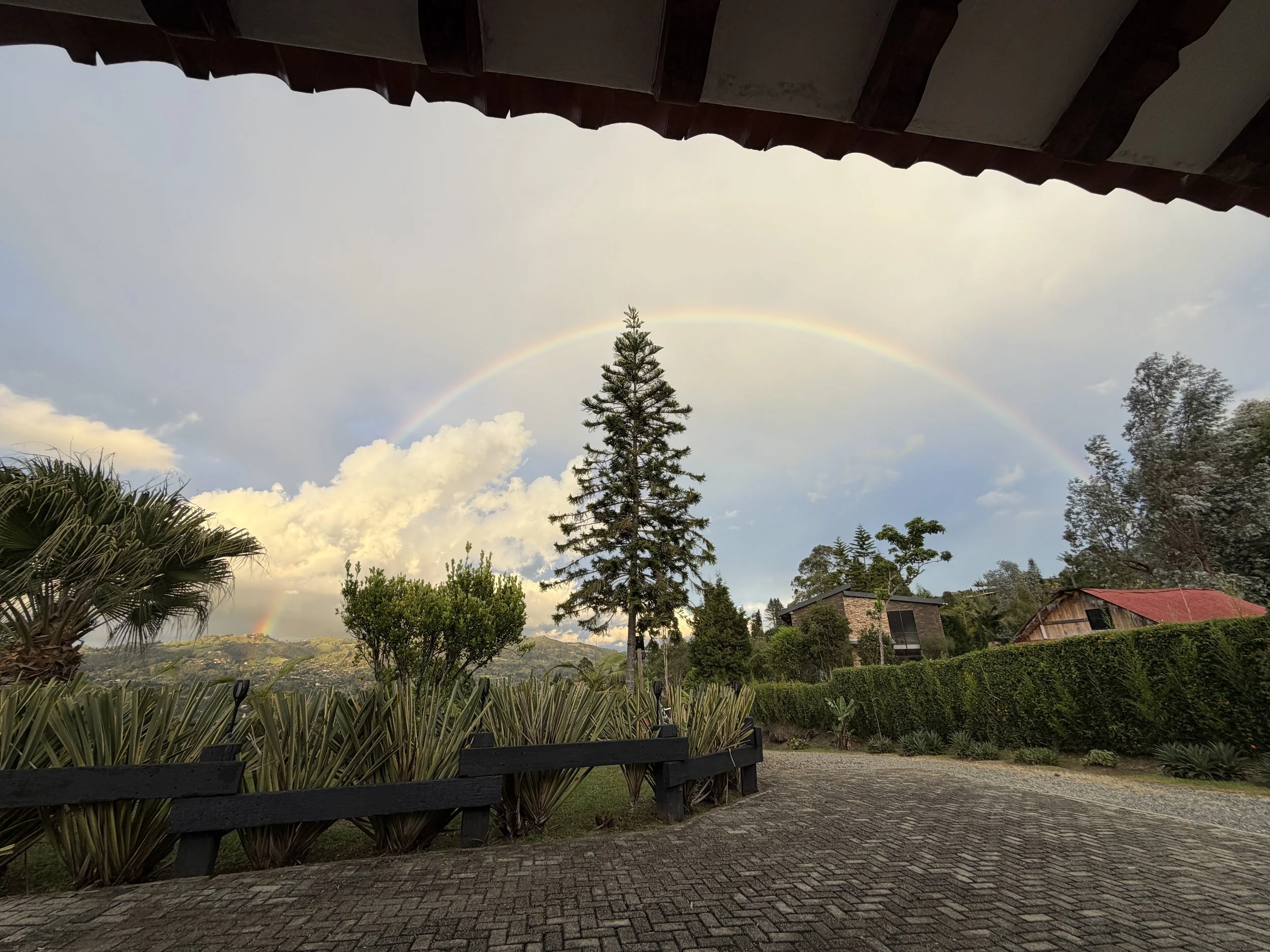 A backyard scene with a paved stone patio, green bushes, and trees. A rainbow is visible in the cloudy sky, with rooftops and distant hills in the background.
