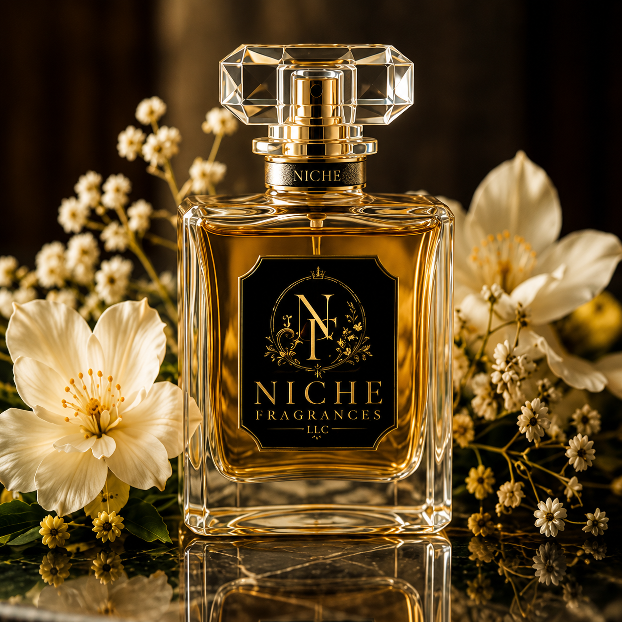 A luxurious perfume bottle labeled 'Niche Fragrances LLC' with a gold and black design, surrounded by white flowers on a dark reflective surface.