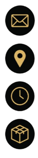 Icons for email, location, clock, and package on a black background