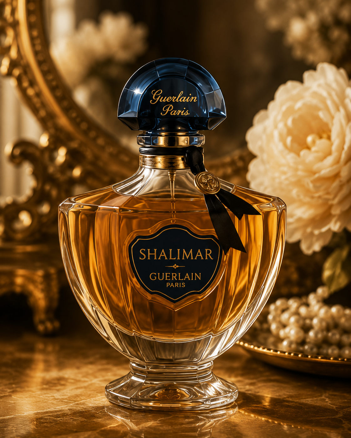 A luxurious Guerlain Paris perfume bottle named Shalimar, featuring a gold and blue design, placed on a marble surface with a floral background and ornate mirror.