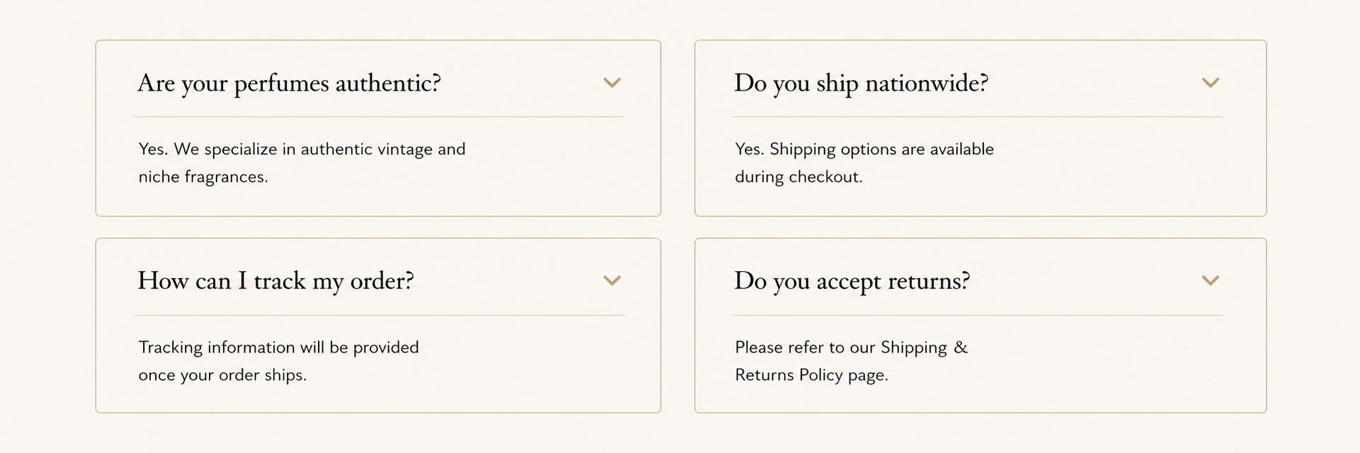 A webpage with four questions and answers about perfumes and shipping policies. The questions are 'Are your perfumes authentic?', 'Do you ship nationwide?', 'How can I track my order?', 'Do you accept returns?'. The answers are brief, describing authenticity, shipping options, order tracking, and returns policy.