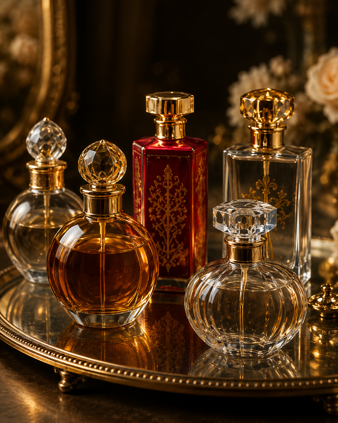 A tray with ornate perfume bottles and decorative caps, set against a dark background with flowers.