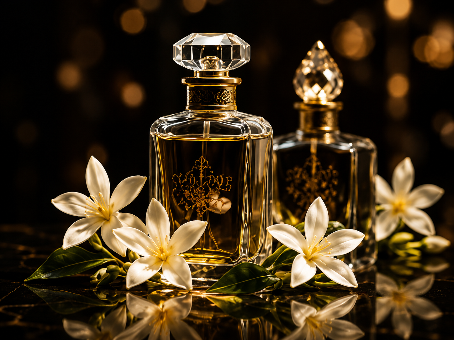 Two elegant perfume bottles with gold accents, surrounded by white flowers and green leaves, on a reflective black surface with a dark, bokeh background.