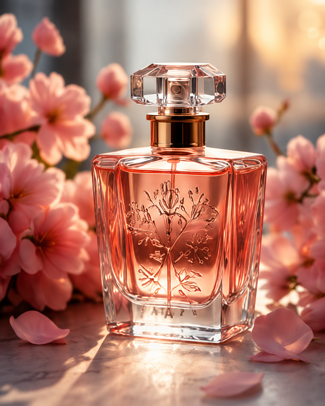 A pink perfume bottle with a floral design, surrounded by pink cherry blossoms, basking in warm sunlight.