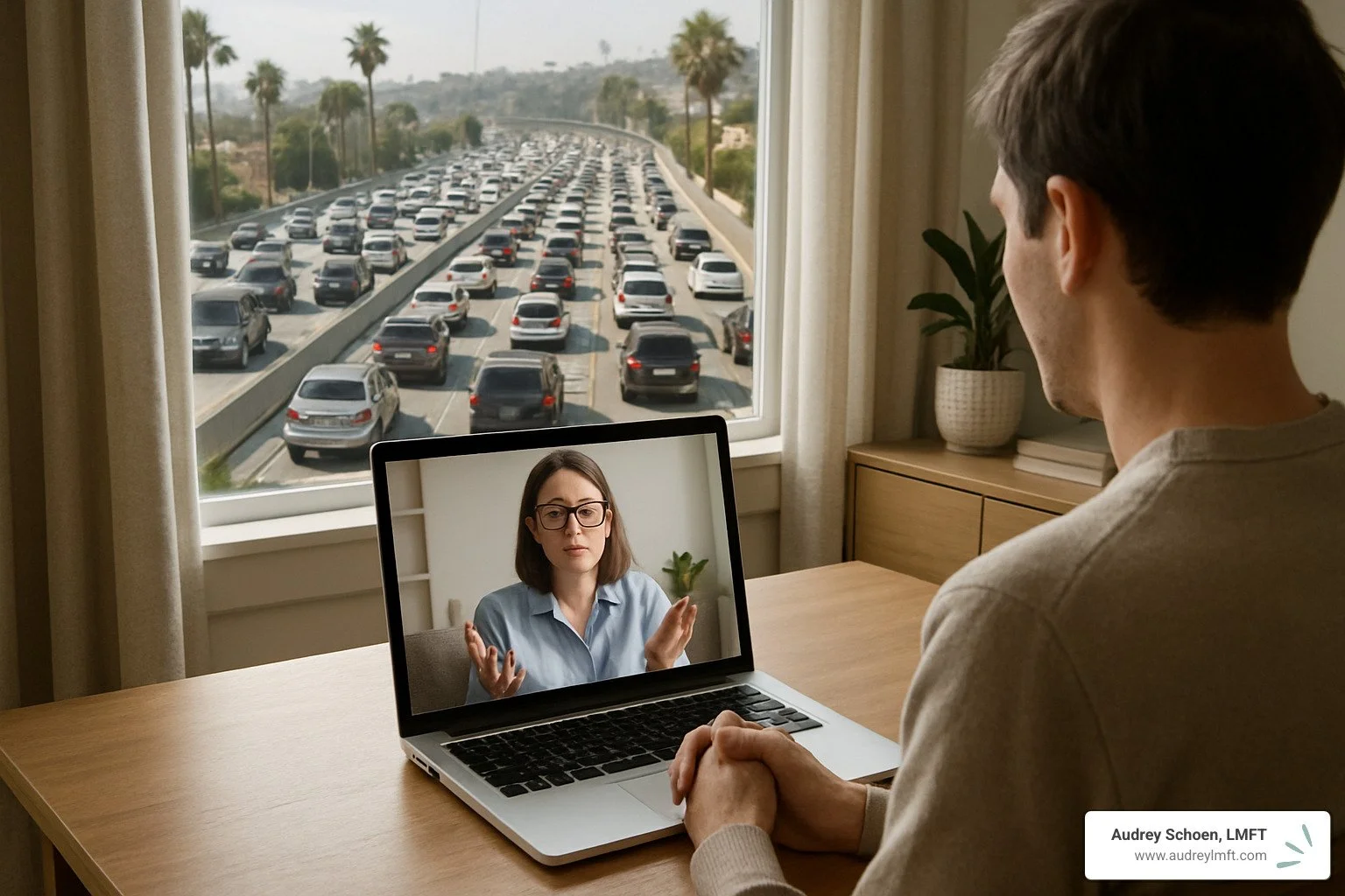 person on video therapy call with traffic jam visible through window - online anxiety therapy california