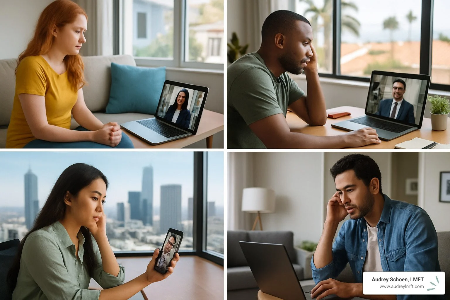 multiple people on therapy video calls - online anxiety therapy california