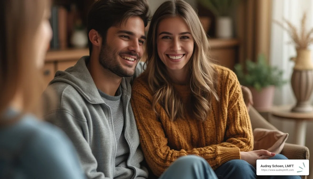Happy couple talking to a relationship counselor - relationship counselor near me